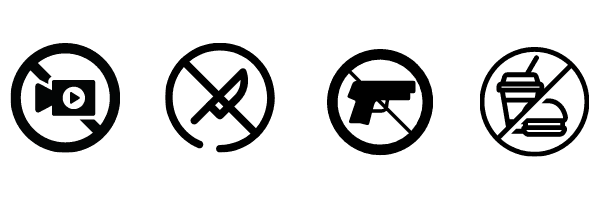 Not allowed in court guns, knives, food, recording devices